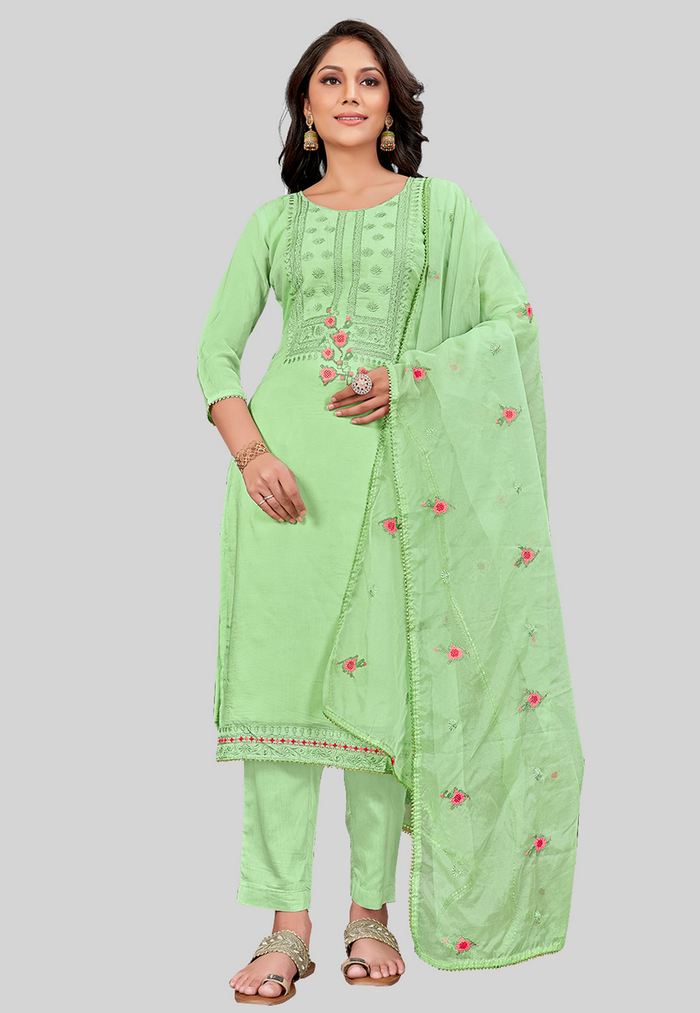 Light Green Silk Pant Style Suit 284598