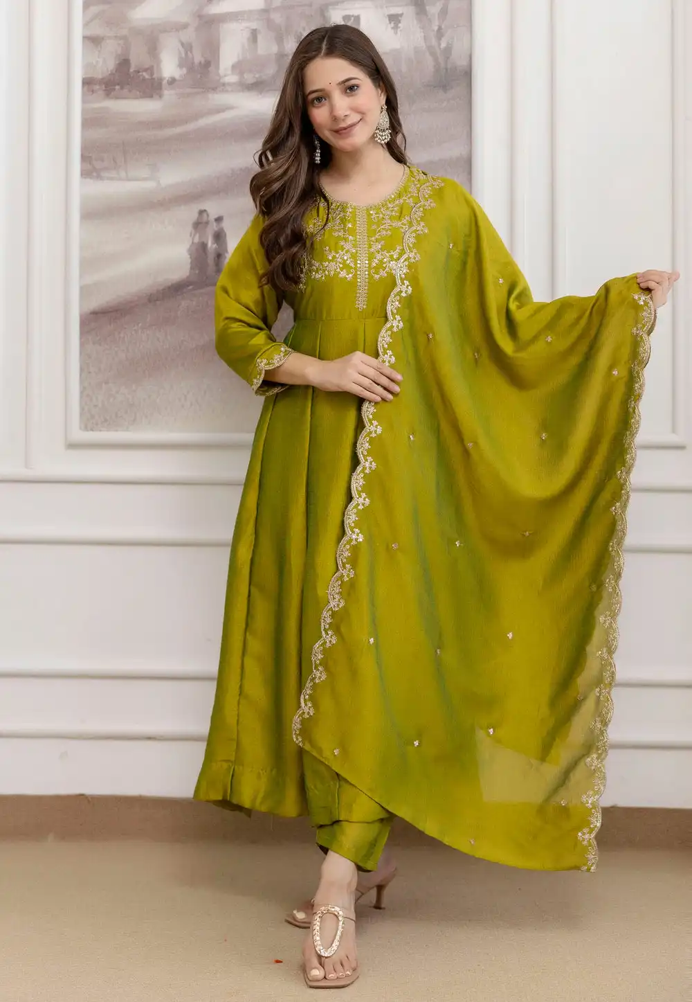Light Green Silk Readymade Anarkali Suit 319893