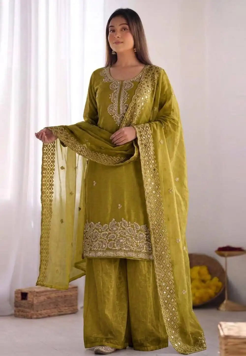 Light Green Silk Readymade Palazzo Suit 329693