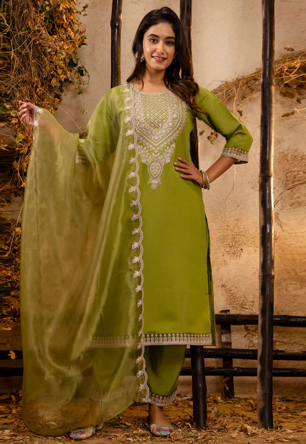 Light Green Silk Readymade Pant Style Suit 306927