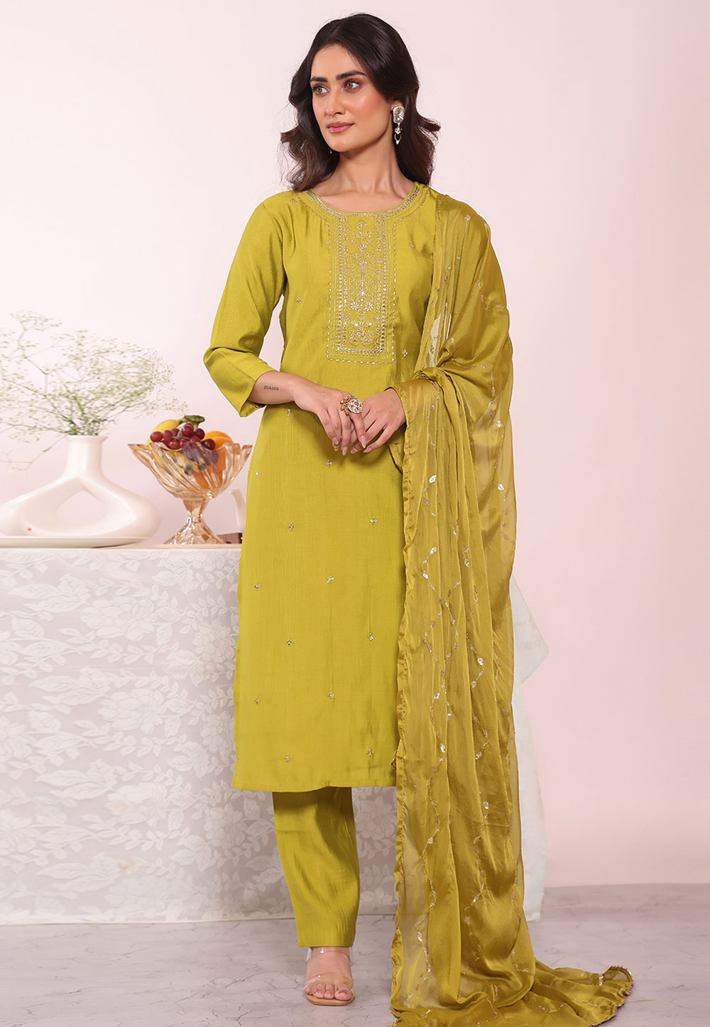 Light Green Silk Readymade Pant Style Suit 325515