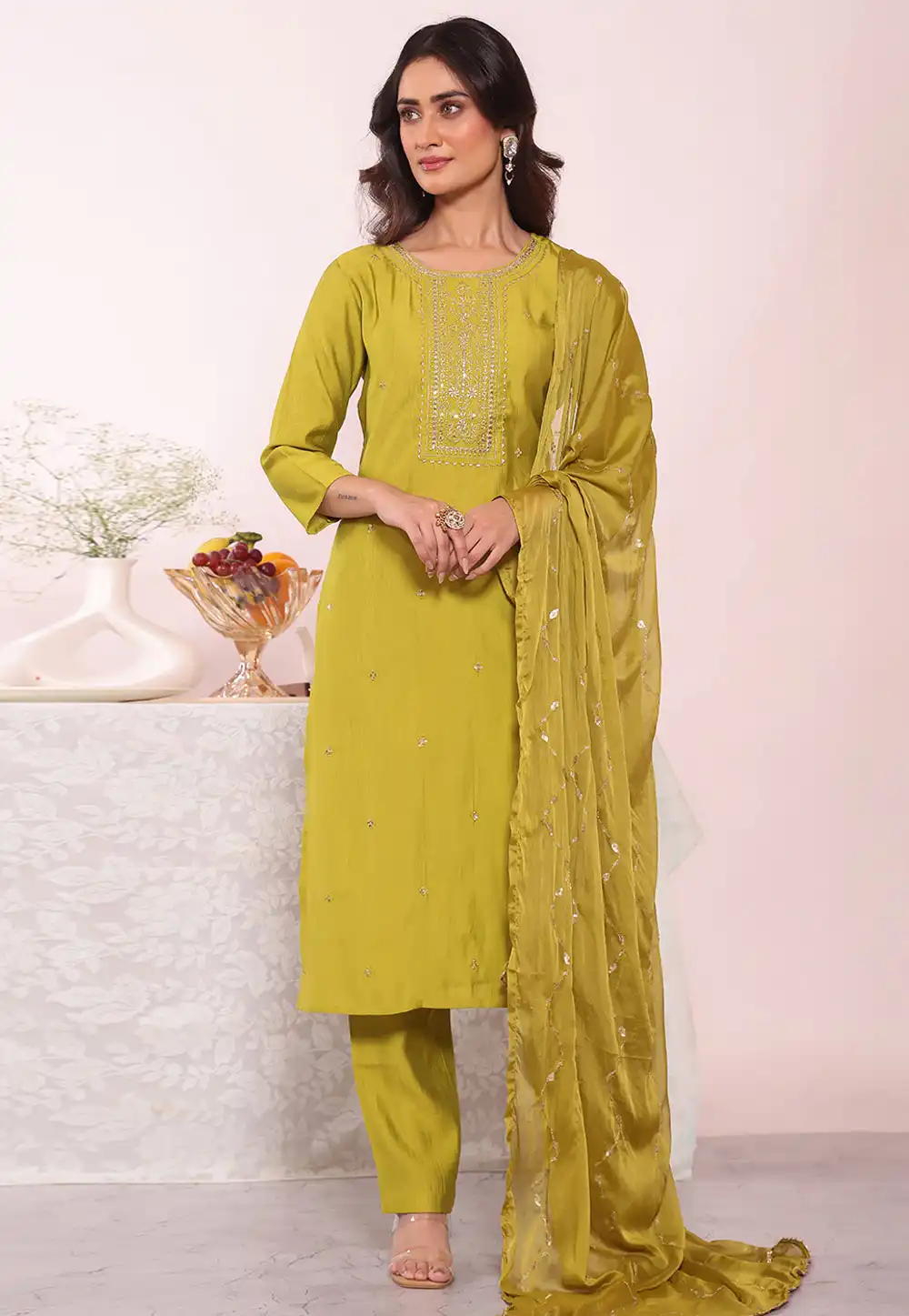 Light Green Silk Readymade Pant Style Suit 325515
