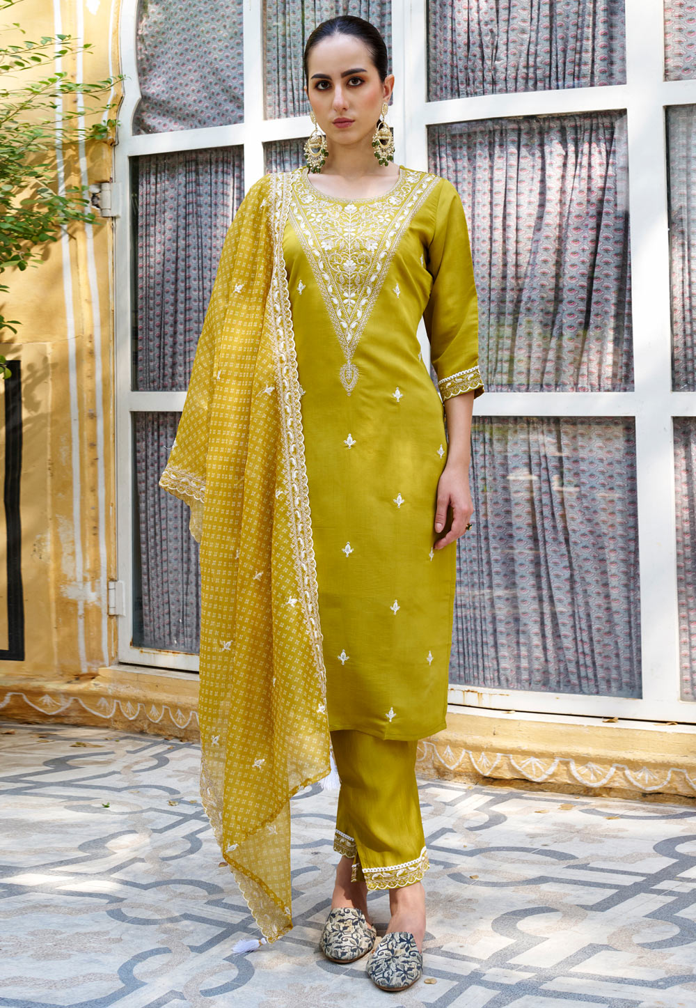 Light Green Silk Readymade Pant Style Suit 325531
