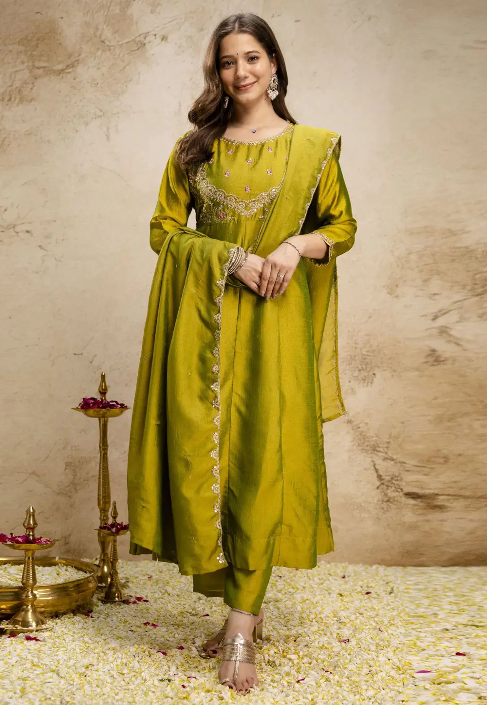 Light Green Silk Readymade Pant Style Suit 331050