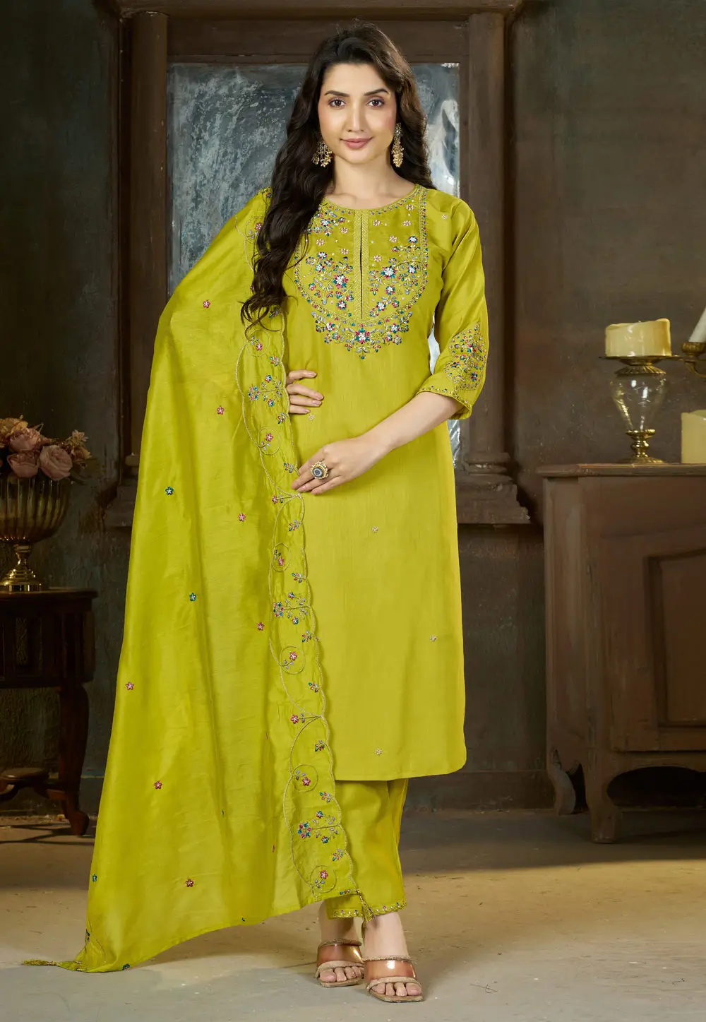 Light Green Silk Readymade Straight Suit 335026