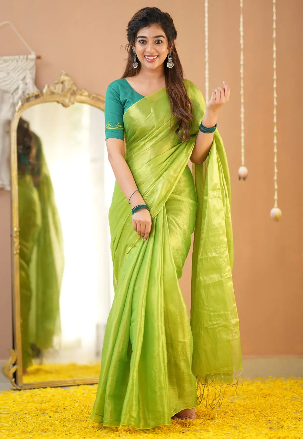 Light Green Tissue Saree With Blouse 332719