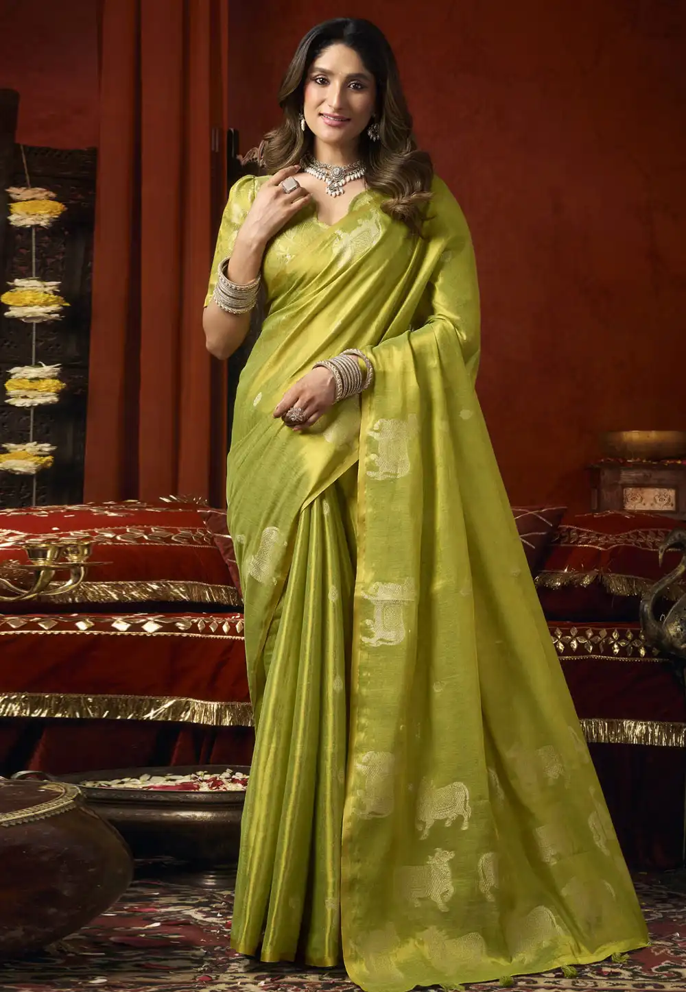 Light Green Tissue Silk Saree With Blouse 328160