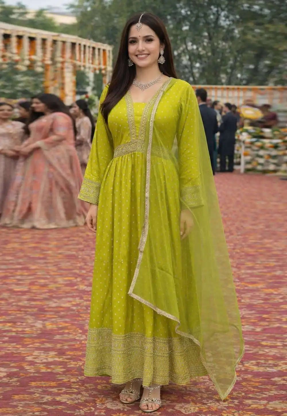 Light Green Viscose Jacquard Readymade Anarkali Suit 327691