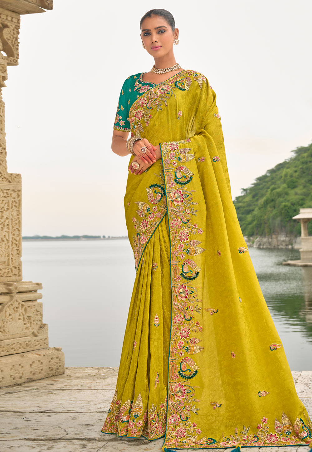 Light Green Viscose Jacquard Saree With Blouse 307811