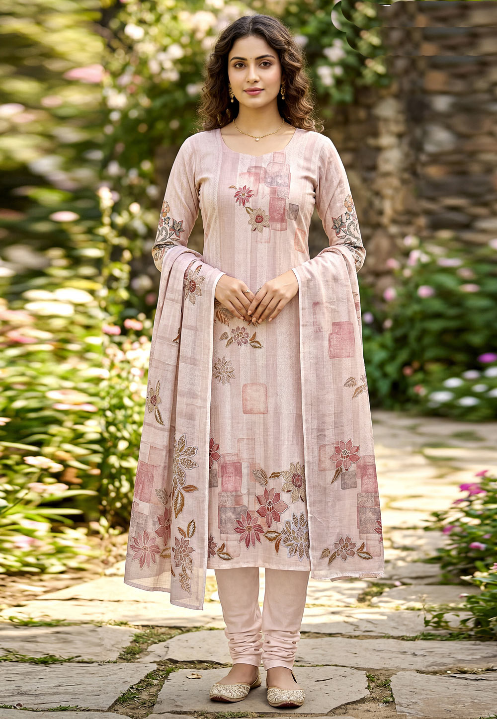 Light Pink Cambric Cotton Churidar Suit 328329