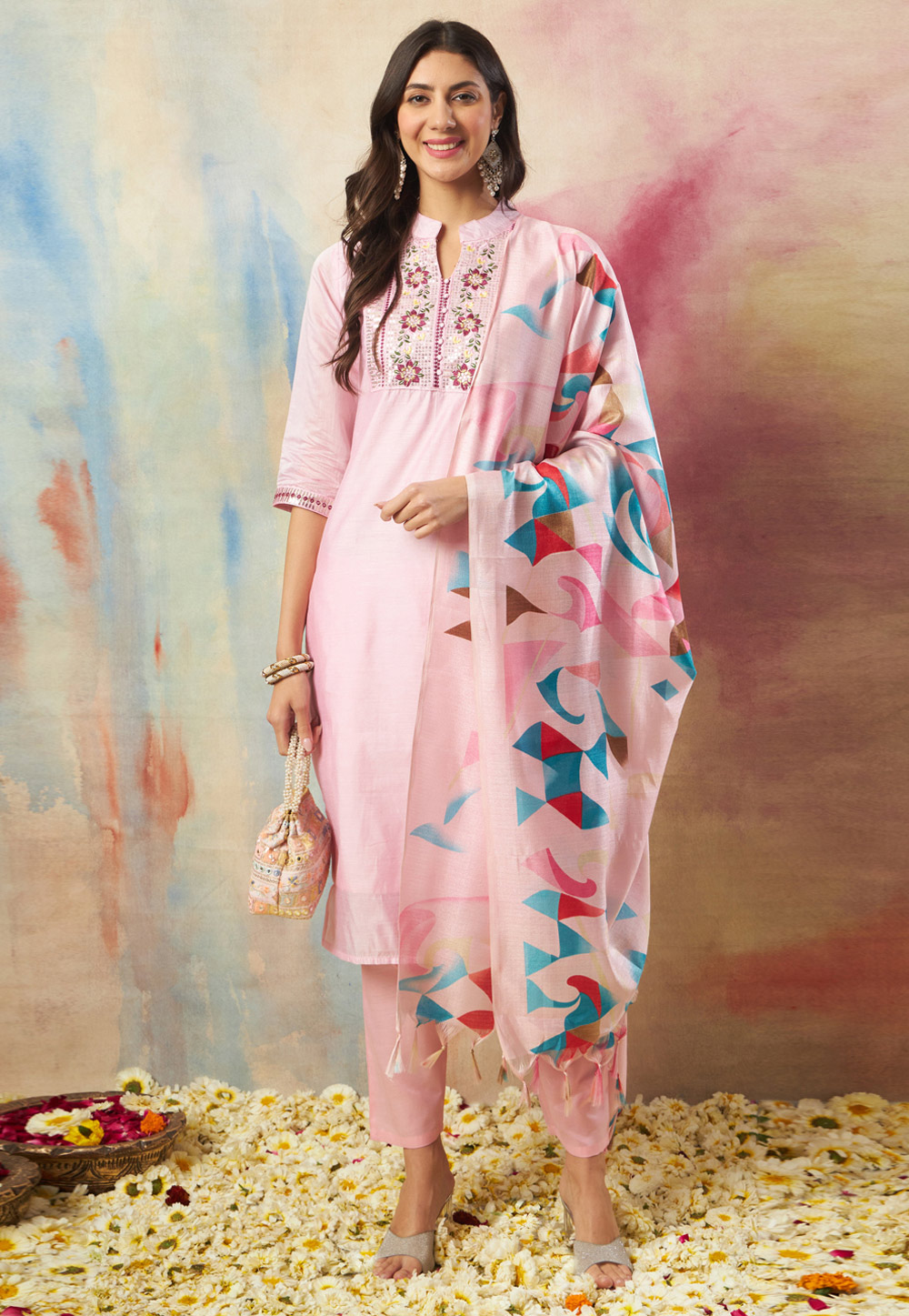 Light Pink Chanderi Readymade Pant Style Suit 324931