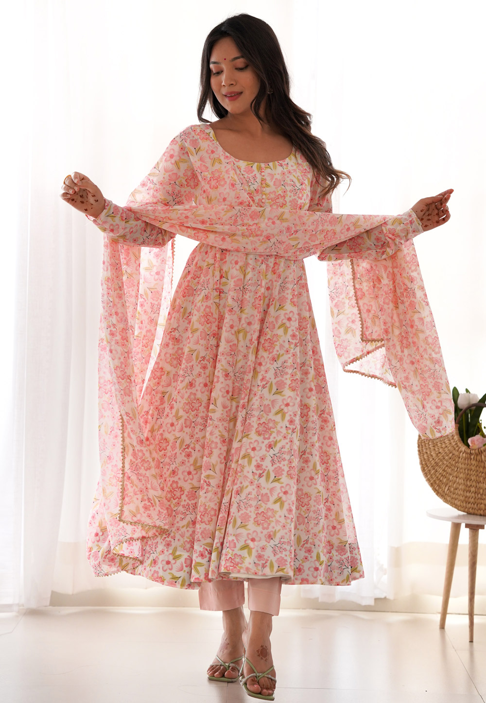 Light Pink Chiffon Readymade Anarkali Suit 311544