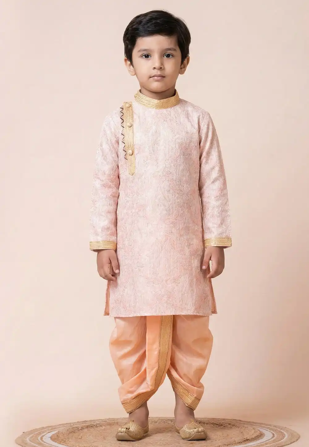 Light Pink Cotton Kids Dhoti Kurta 322293
