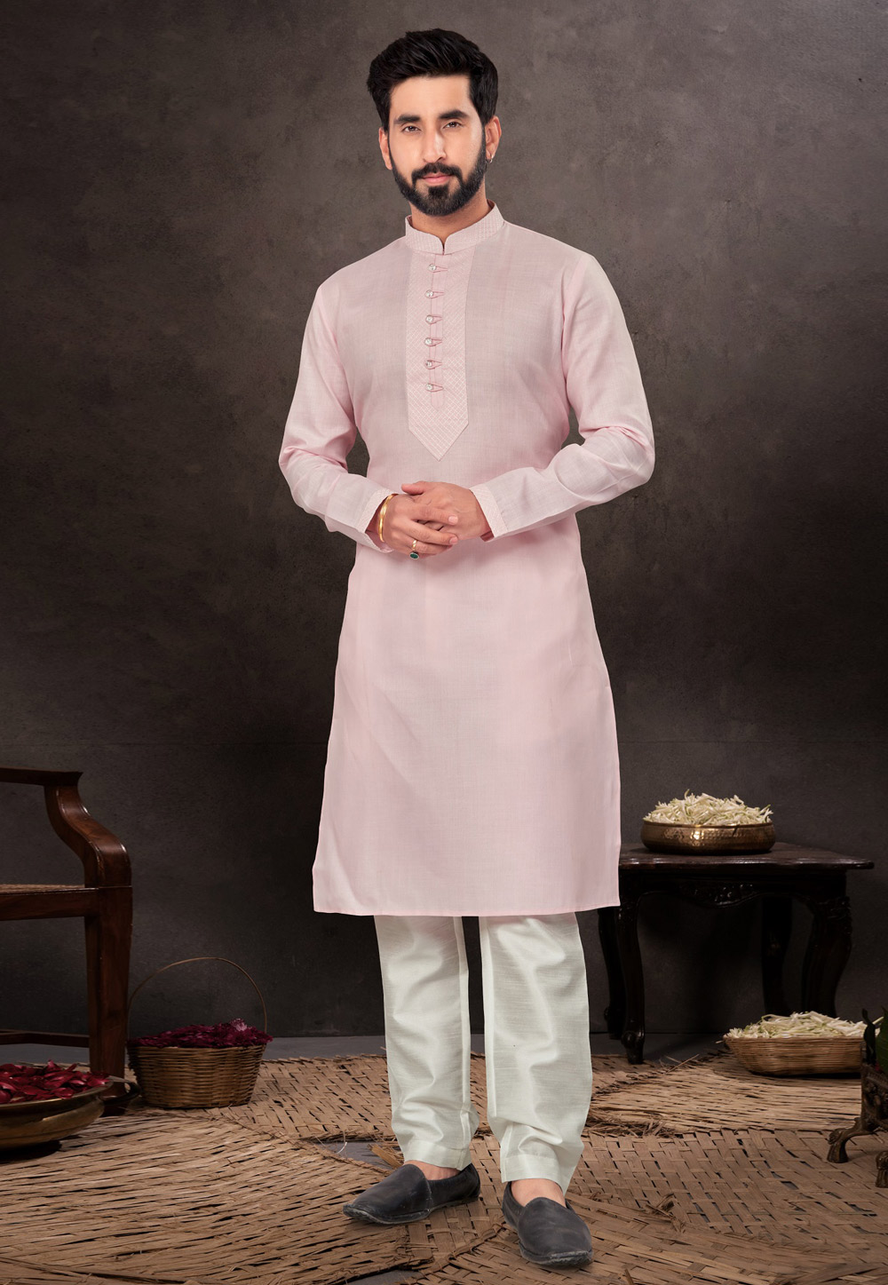 Light Pink Cotton Kurta Pajama 283929