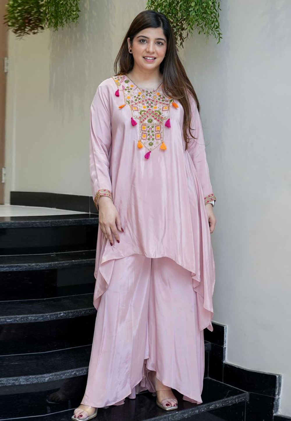 Light Pink Crepe Asymmetrical Salwar Kameez 321715