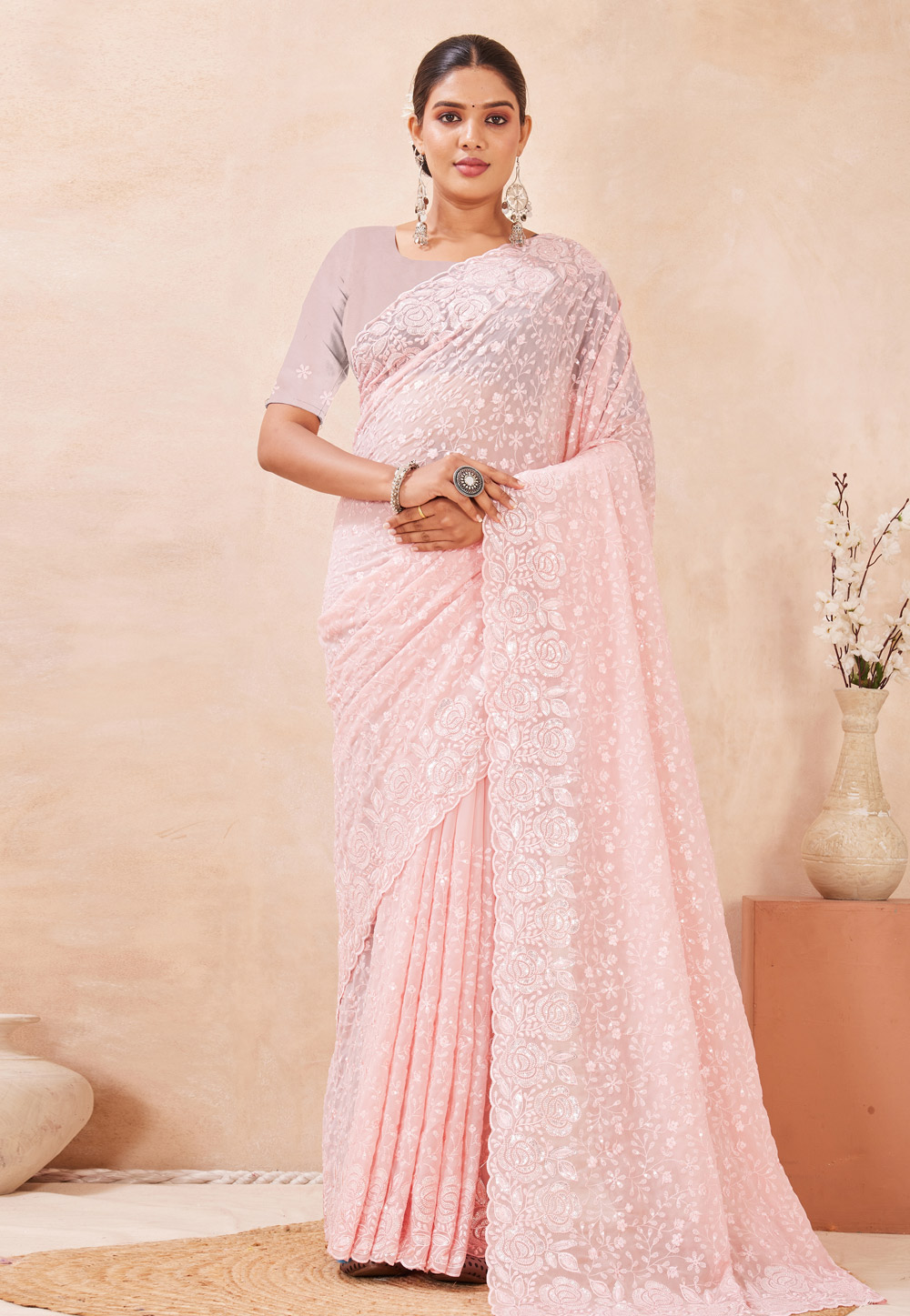 Light Pink Georgette Saree With Blouse 321537