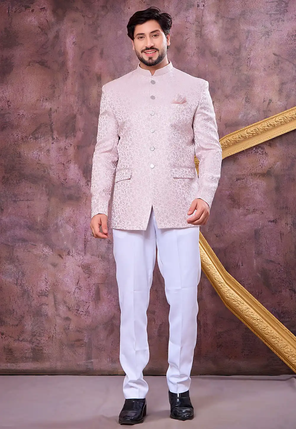 Light Pink Jacquard Silk Jodhpuri Suit 327081