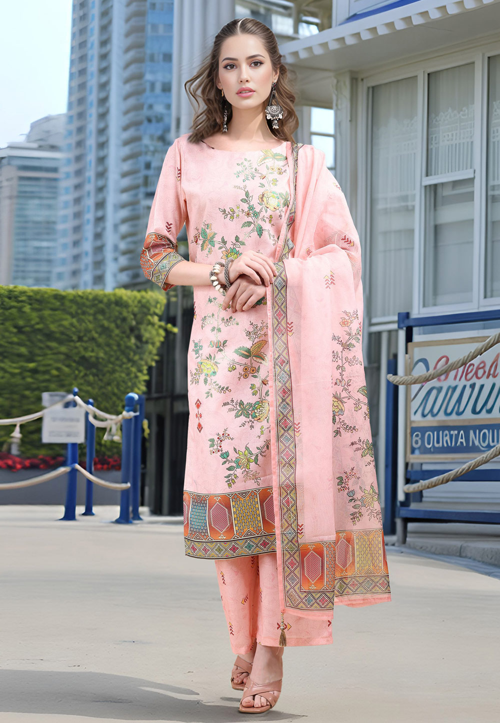 Light Pink Linen Readymade Palazzo Suit 319092