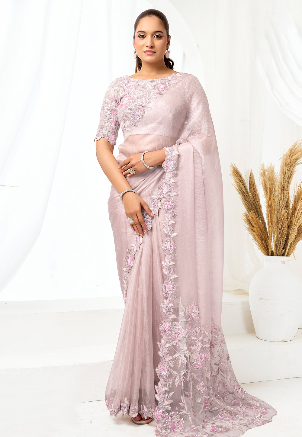 Light Pink Organza Saree With Blouse 326772