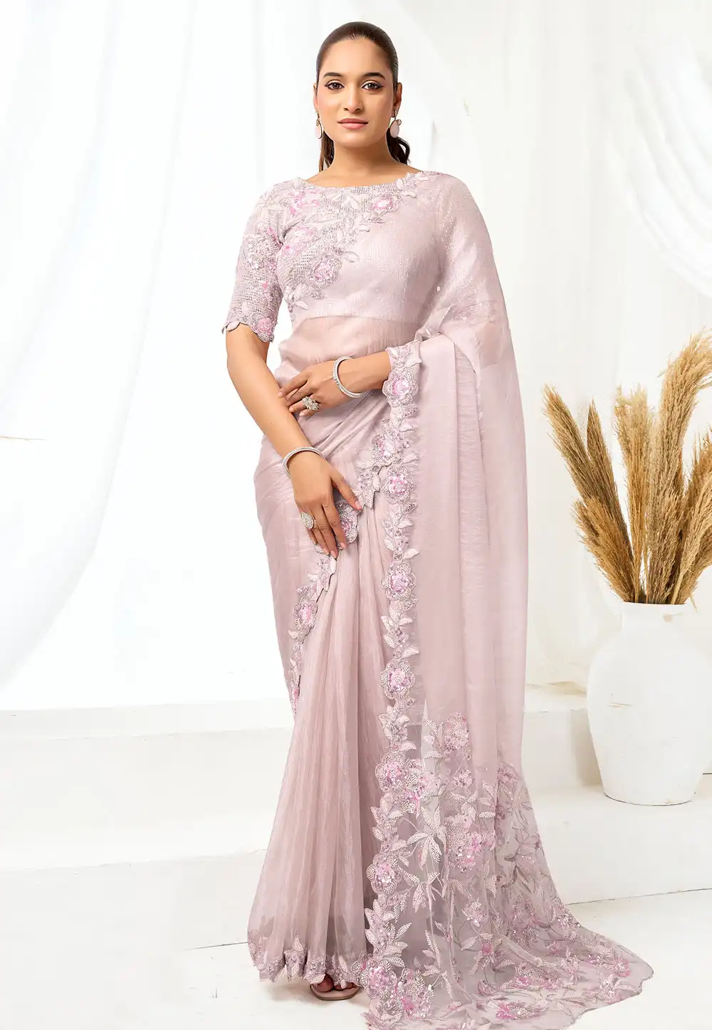 Light Pink Organza Saree With Blouse 326772
