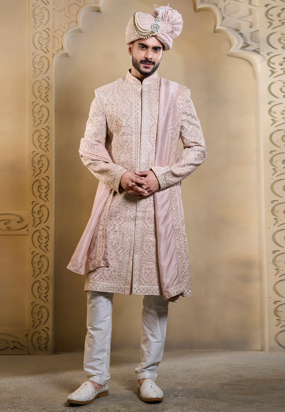 Light Pink Silk Achkan Style Sherwani 322498
