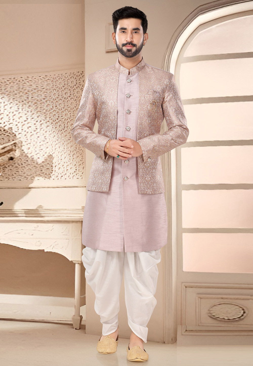 Light Pink Silk Dhoti Sherwani 285755