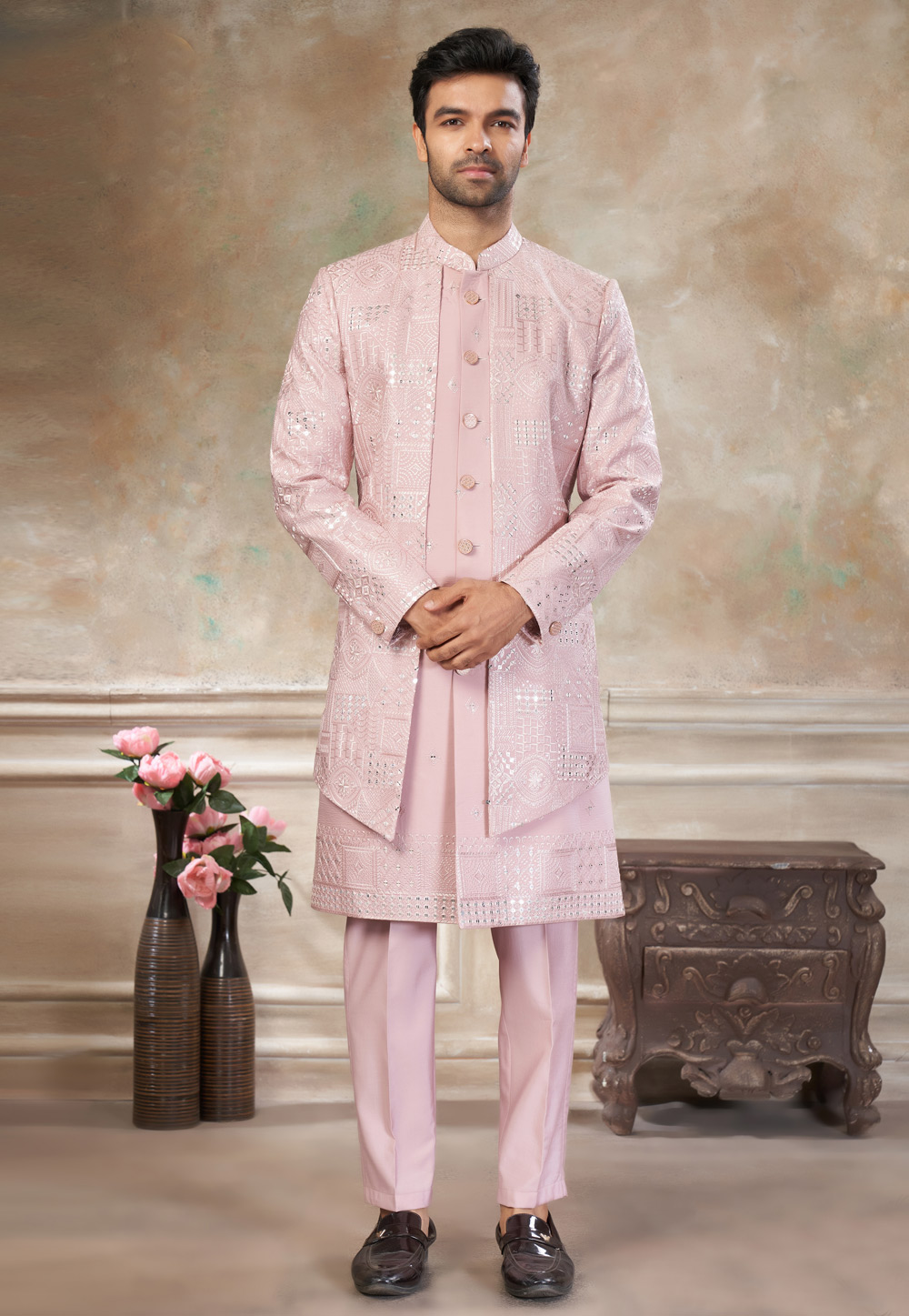 Light Pink Silk Indo Western Suit 319066