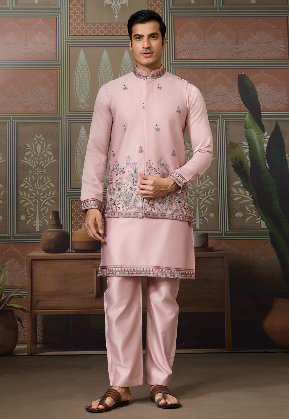 Light Pink Silk Kurta Pajama With Jacket 318992