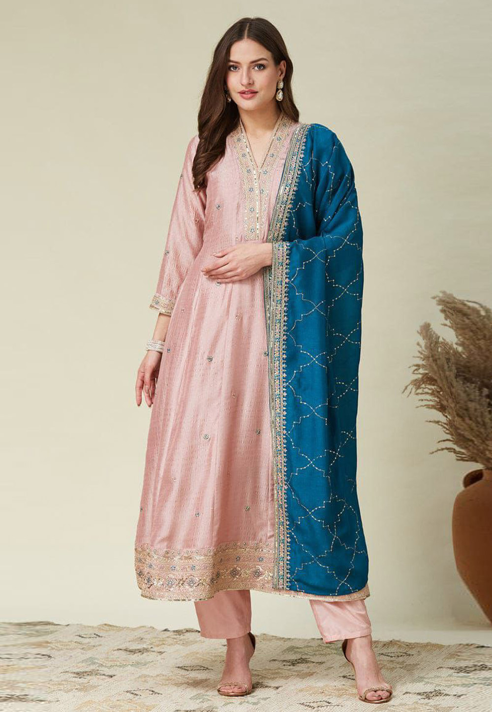 Light Pink Silk Readymade Pant Style Suit 324144