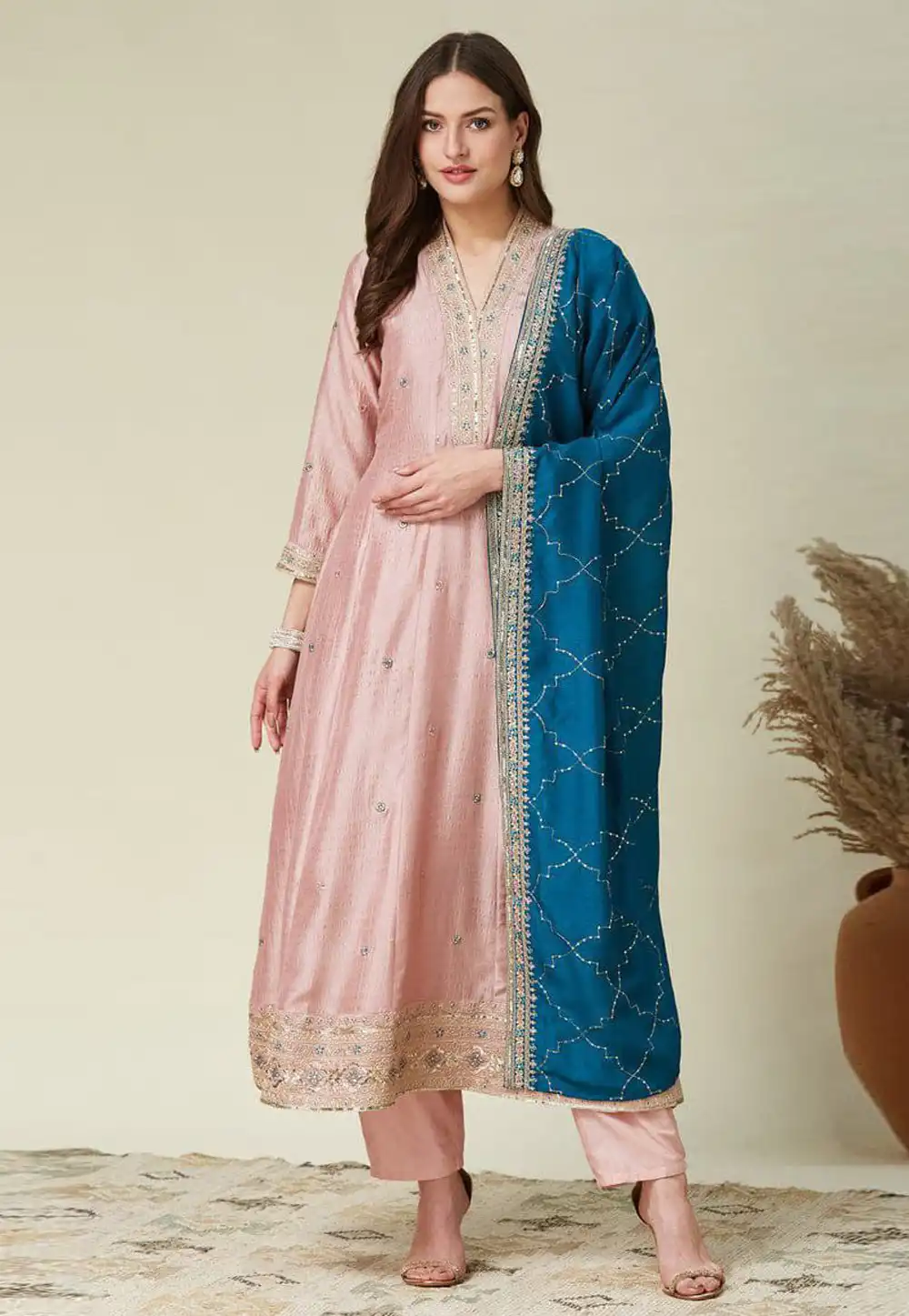 Light Pink Silk Readymade Pant Style Suit 324144