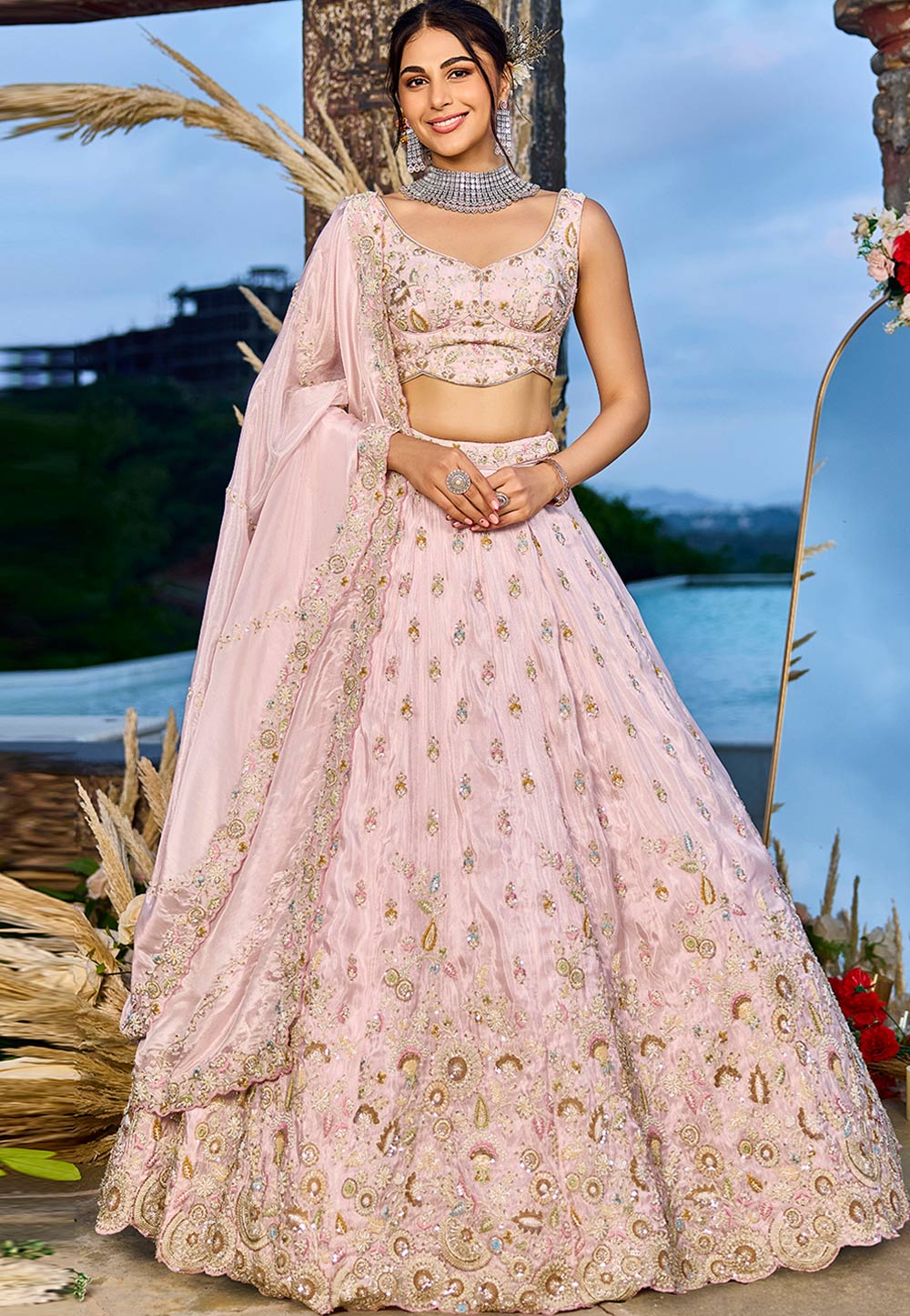 Light Pink Tissue Lehenga Choli For Wedding 319390