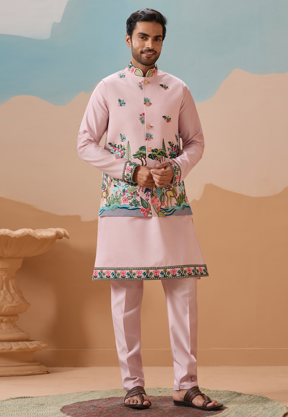 Light Pink Viscose Kurta Pajama With Jacket 320860