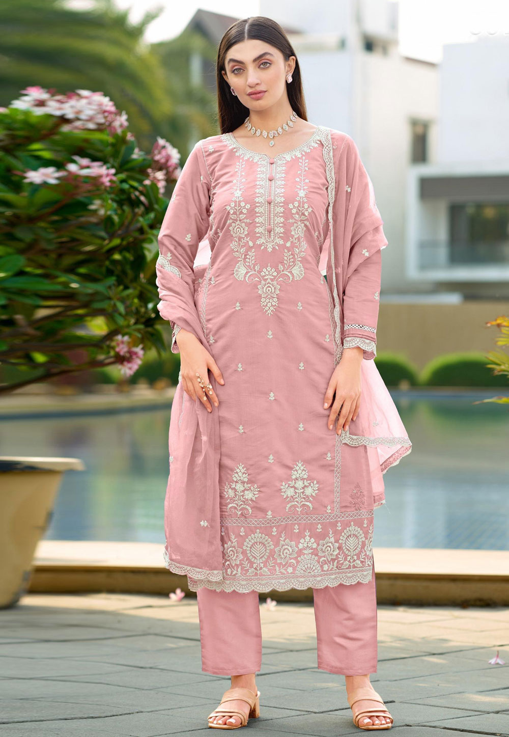 Light Pink Viscose Readymade Pant Style Suit 323911