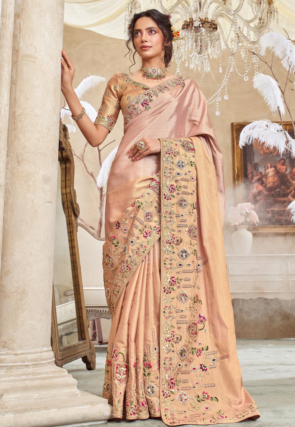 Light Pink Viscose Saree With Blouse 322567