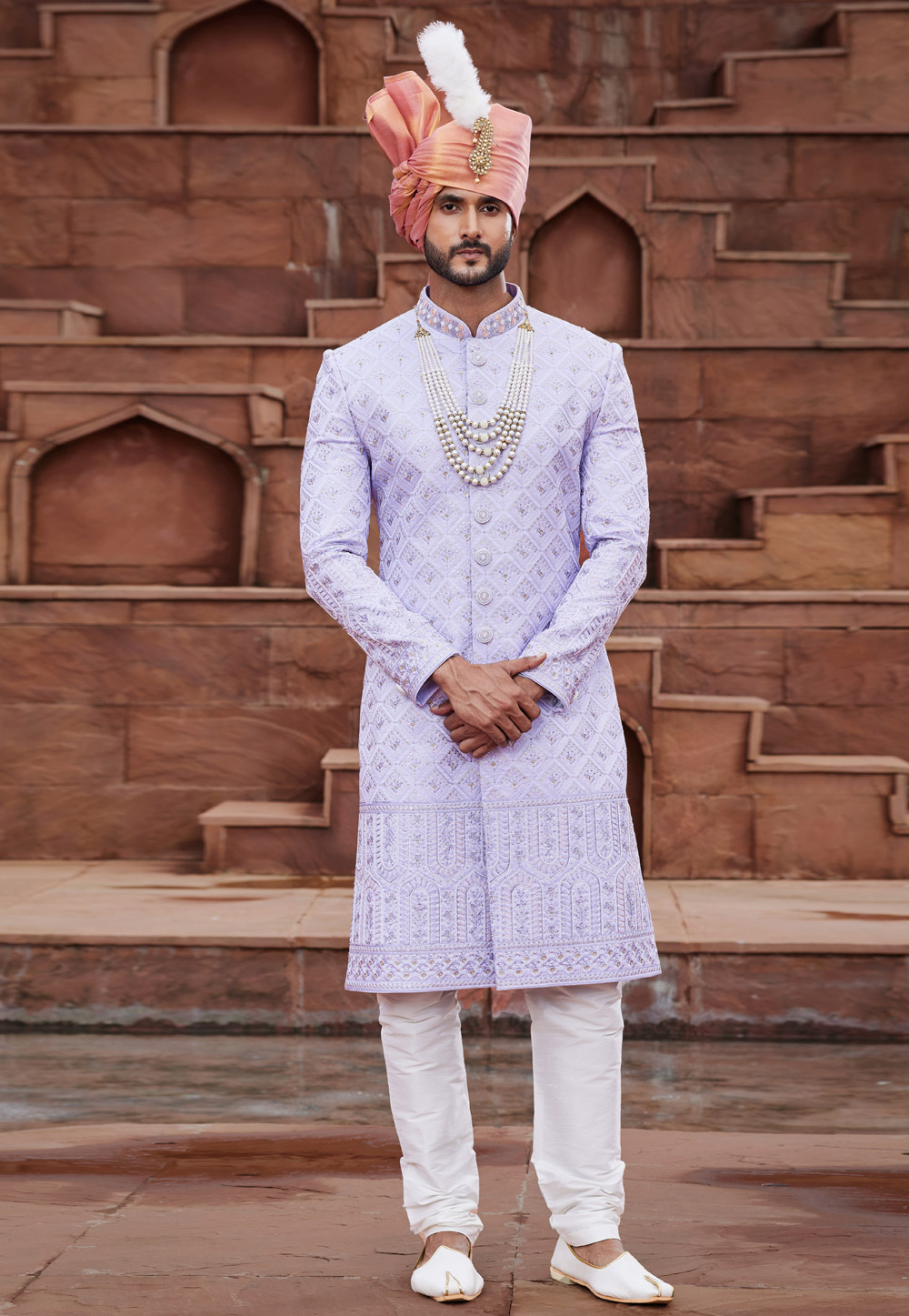 Light Purple Art Silk Achkan Style Sherwani With Stole 280137