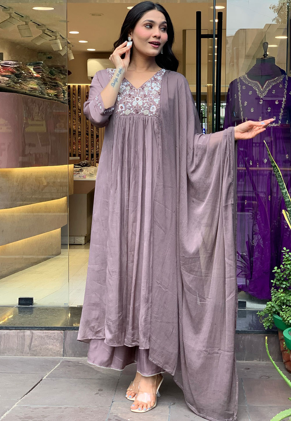 Light Purple Chanderi Readymade Palazzo Suit 307902
