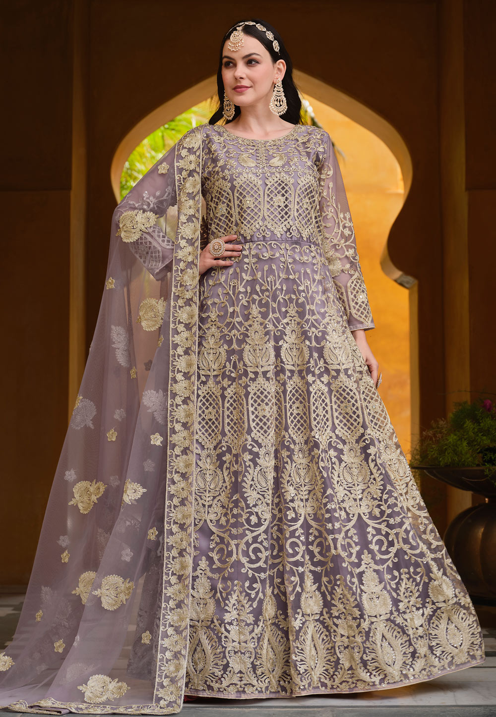 Light Purple Net Embroidered Floor Length Anarkali Suit 285998