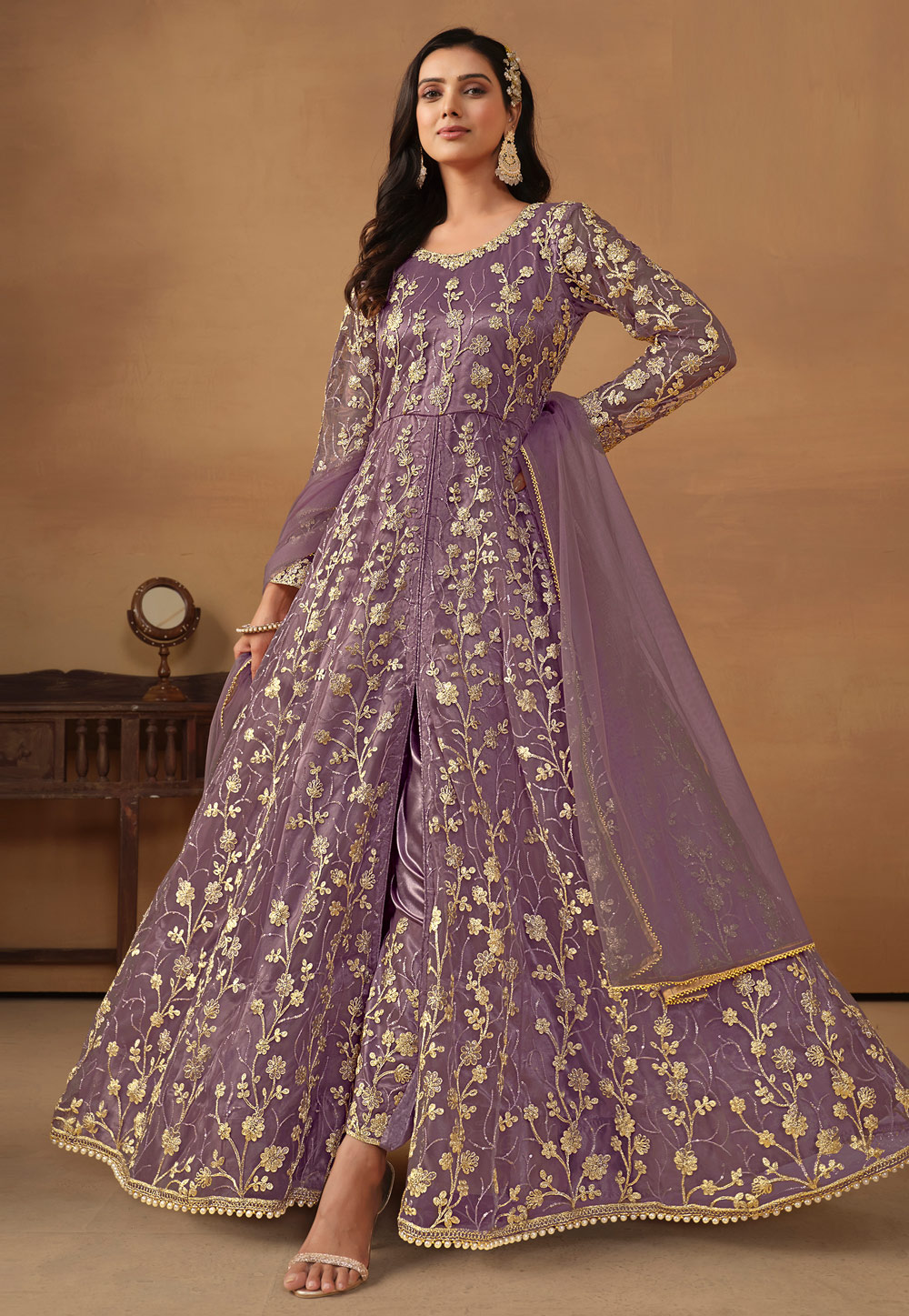 Light Purple Net Embroidered Pant Style Suit 283289