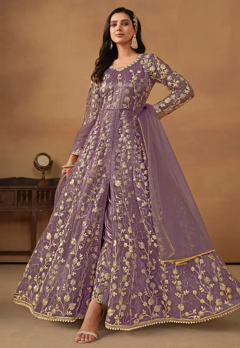 Light Purple Net Embroidered Pant Style Suit 283289