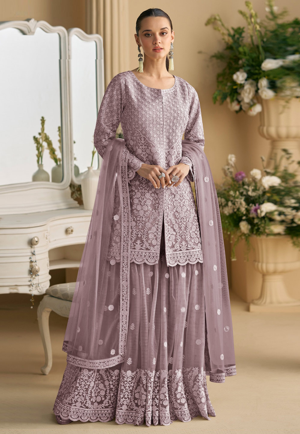 Light Purple Net Readymade Sharara Suit 318385