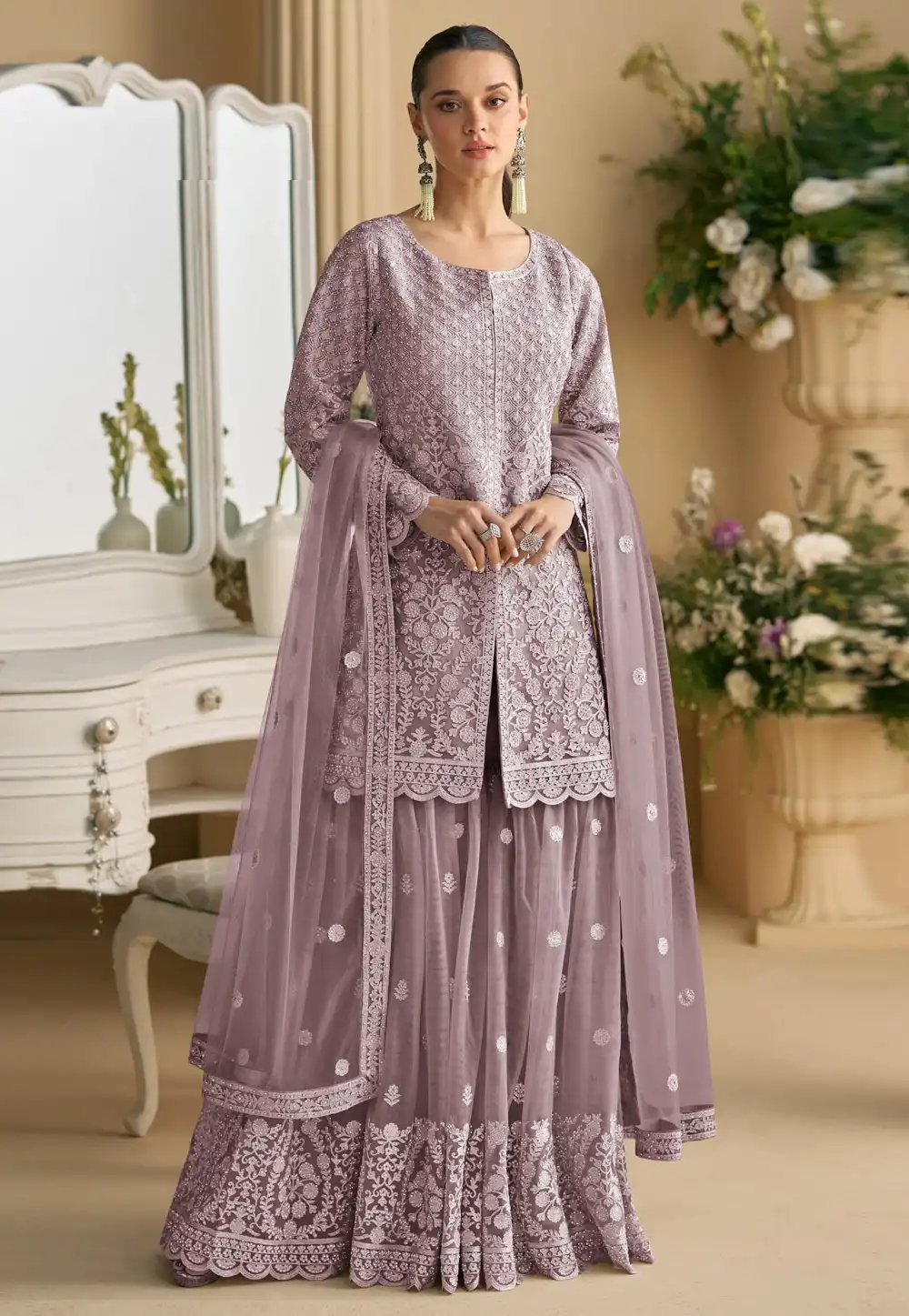 Light Purple Net Readymade Sharara Suit 318385