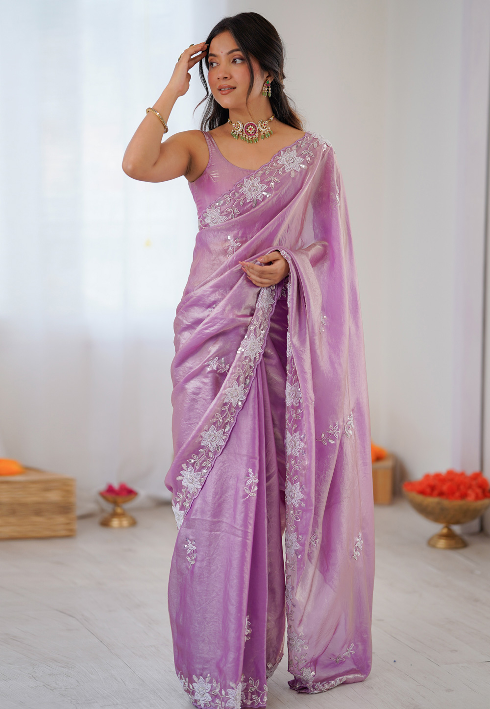Light Purple Satin Saree With Blouse 320287