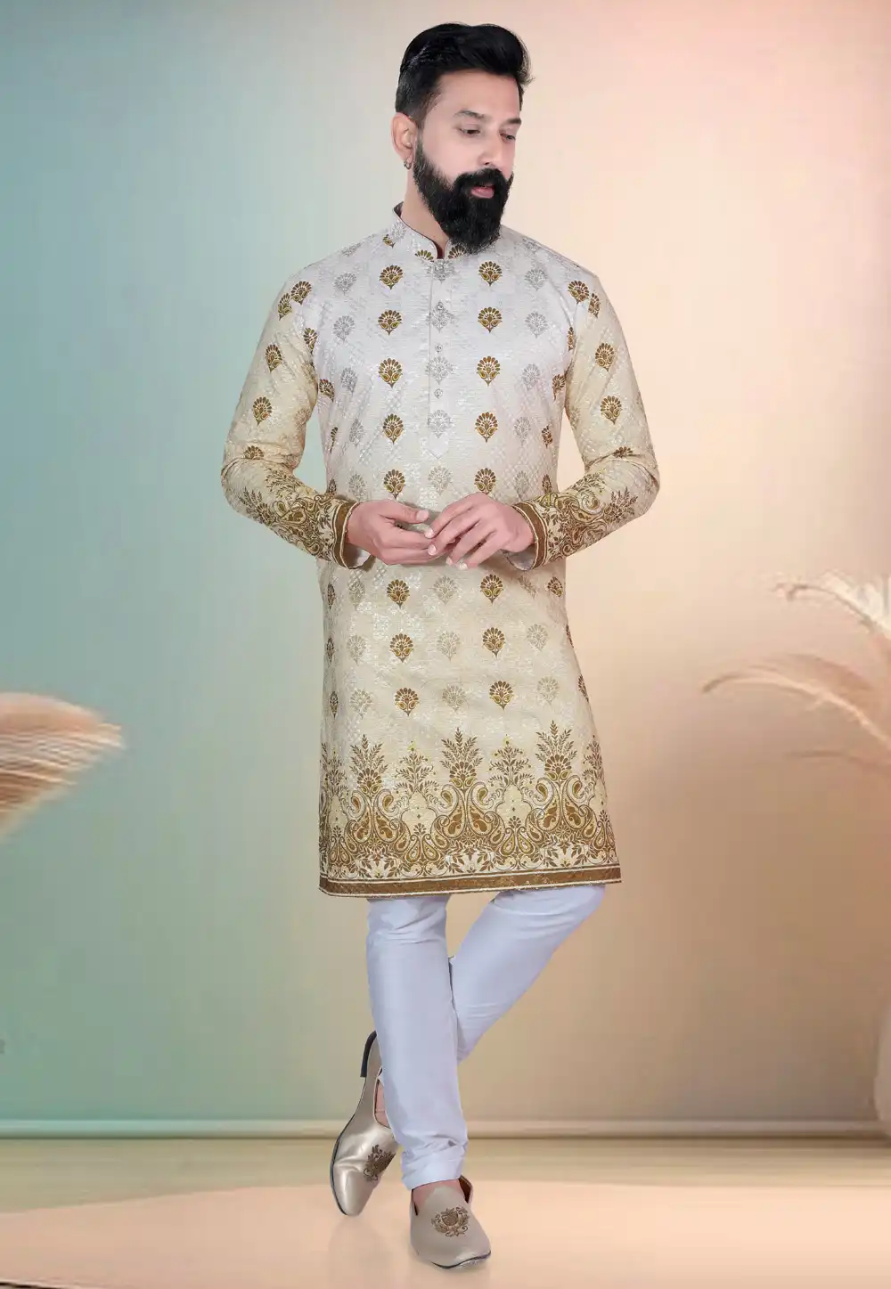 Light Yellow Cotton Kurta Pajama 318606