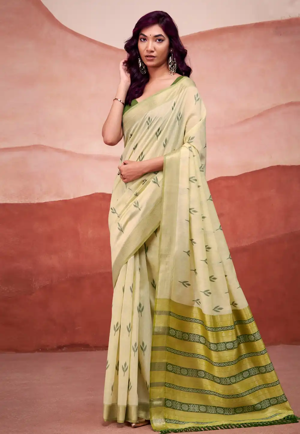 Light Yellow Cotton Saree With Blouse 318460