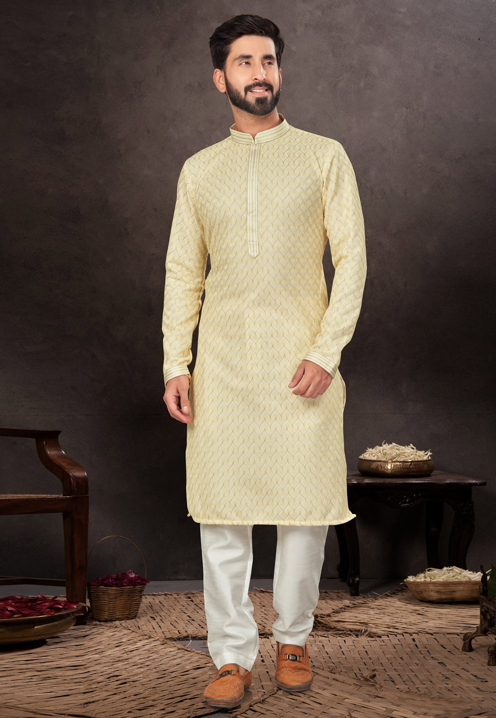 Light Yellow Jacquard Kurta Pajama 283934