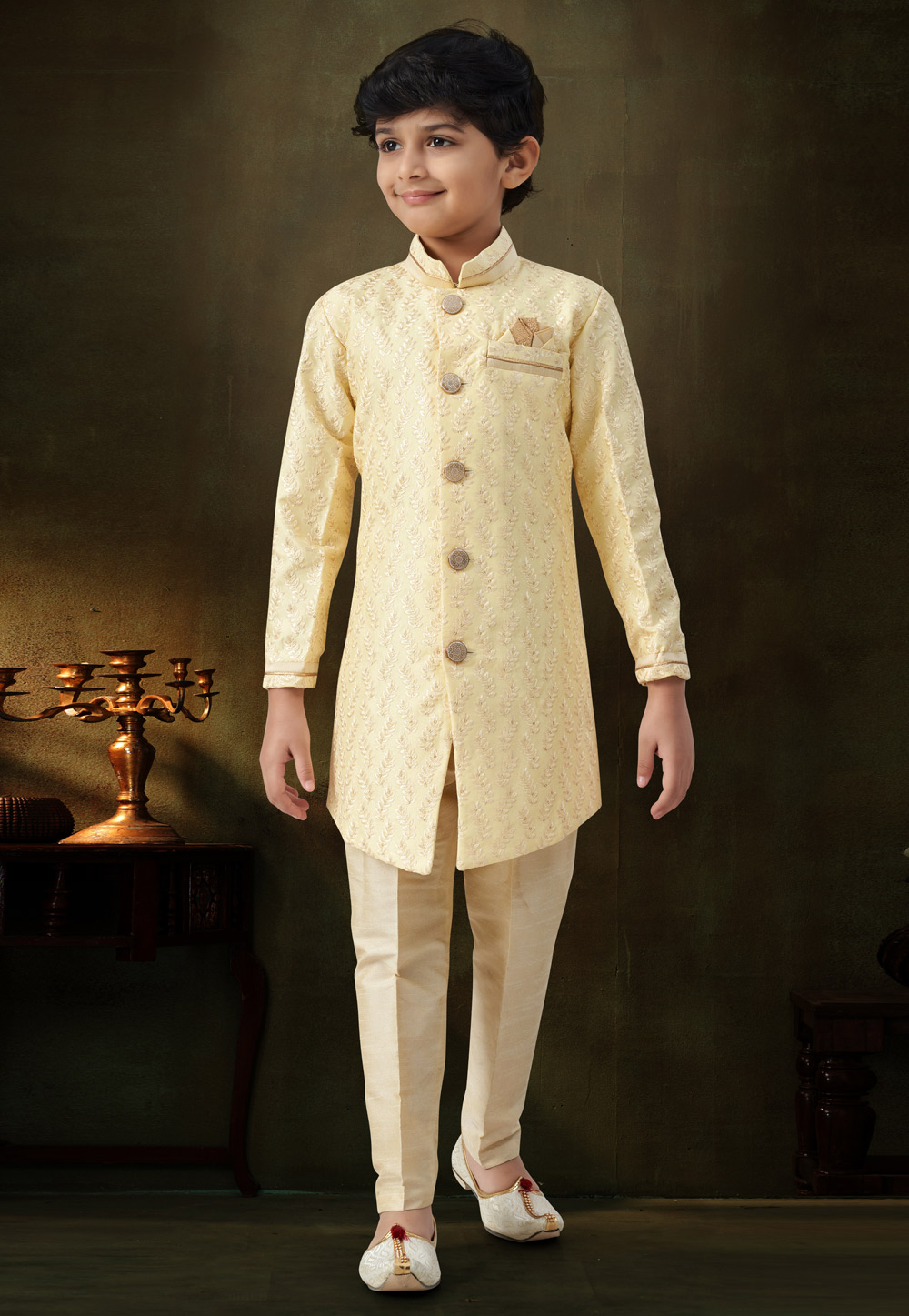Light Yellow Silk Kids Indo Western Suit 324274