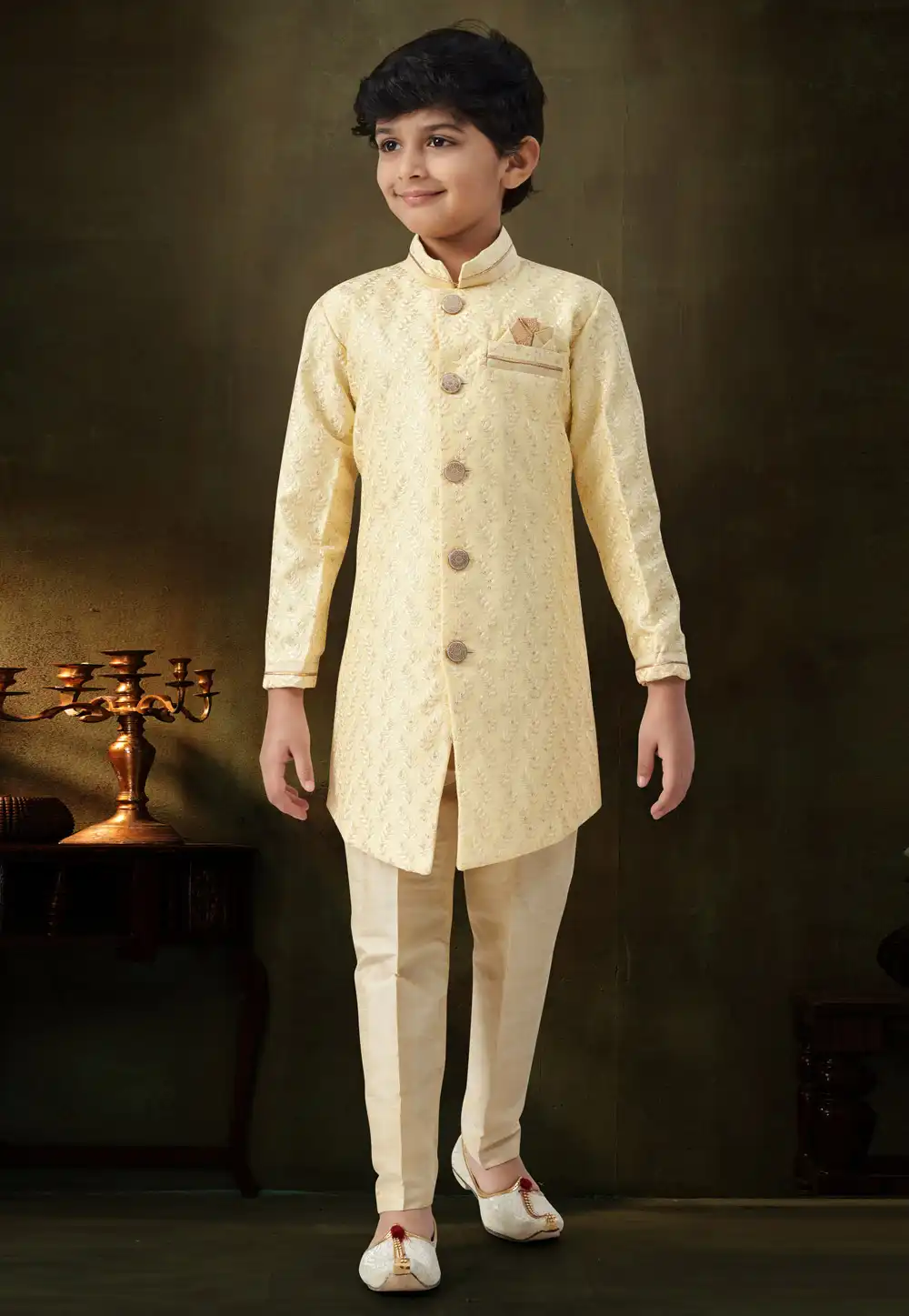 Light Yellow Silk Kids Indo Western Suit 324274