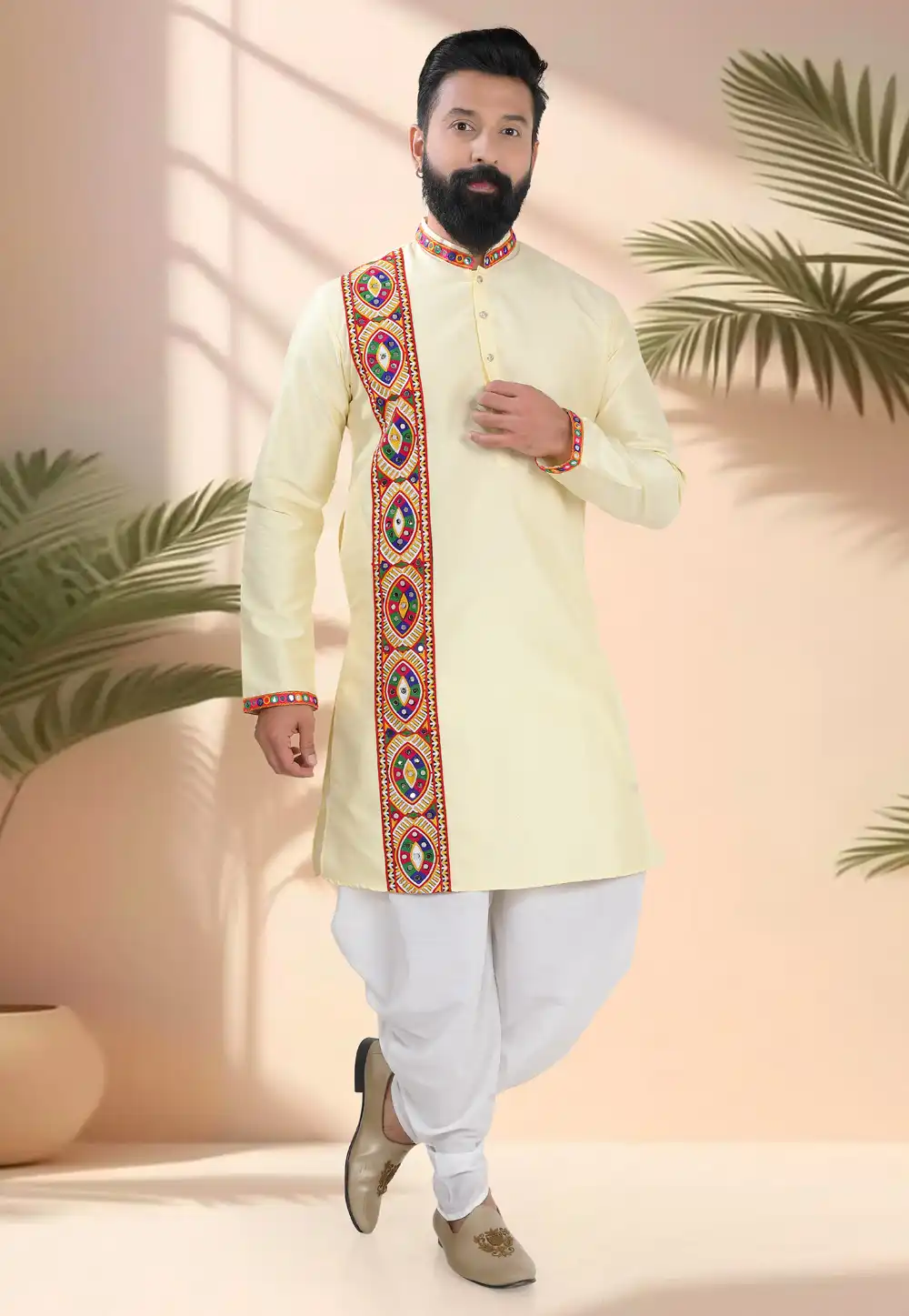 Light Yellow Silk Navratri Dhoti Kurta 315604