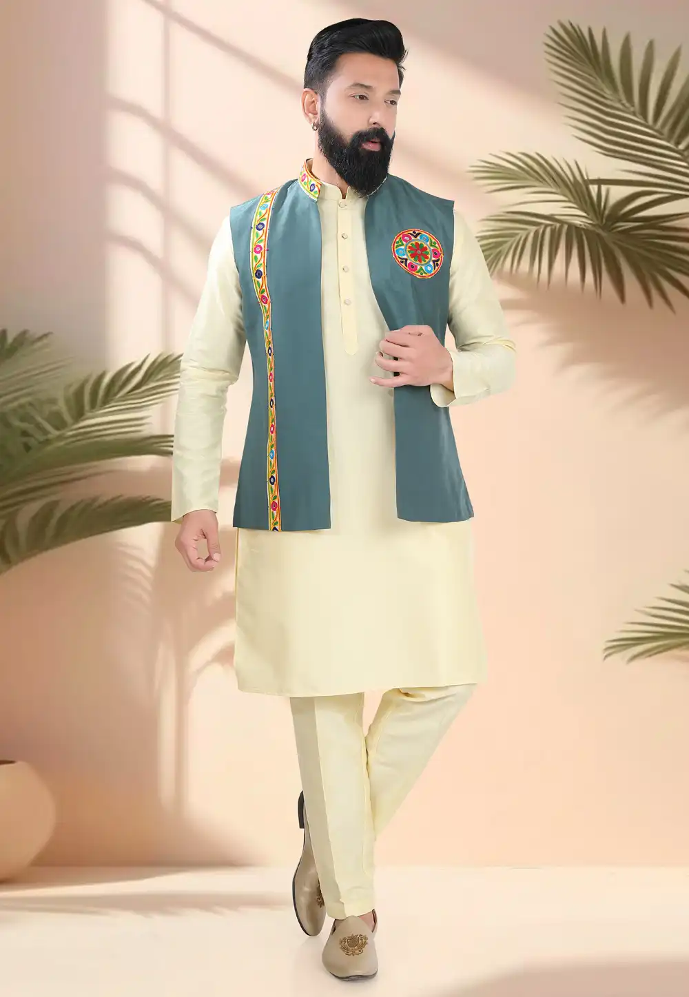 Light Yellow Silk Navratri Kurta Pajama With Jacket 316315