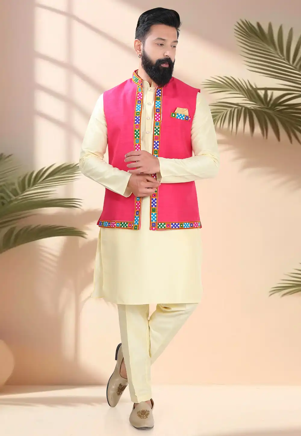 Light Yellow Silk Navratri Kurta Pajama With Jacket 316316